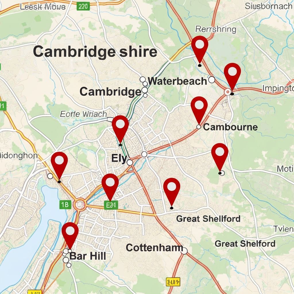 Map showing Pass Cambs driving school coverage areas in Cambridgeshire including Cambridge, Ely, Waterbeach, and surrounding villages